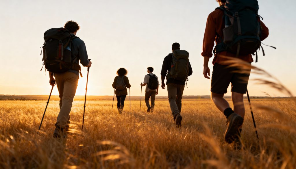 Hikers Traversing Golden Field Sunset 1024x585